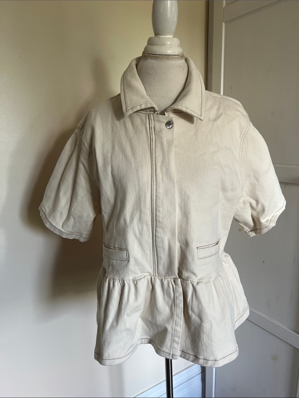 Steve Madden Ivory Denim Peplum Jacket Short Sleeve NWT L